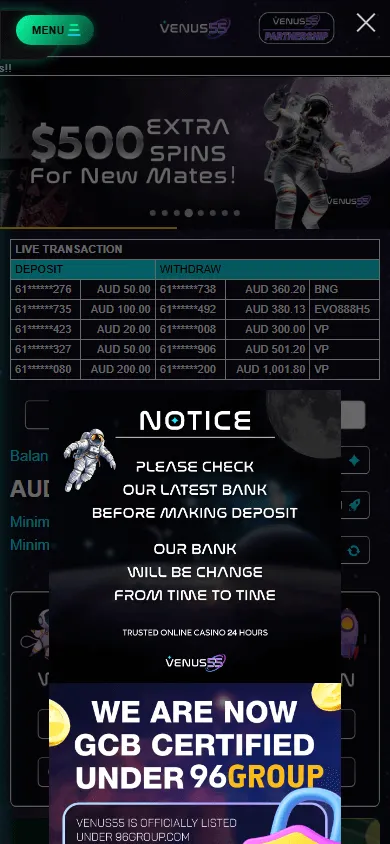 Venus55 Casino home screen on a mobile phone