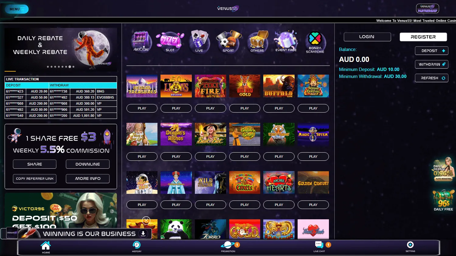 Venus55 Casino games screen on desktop