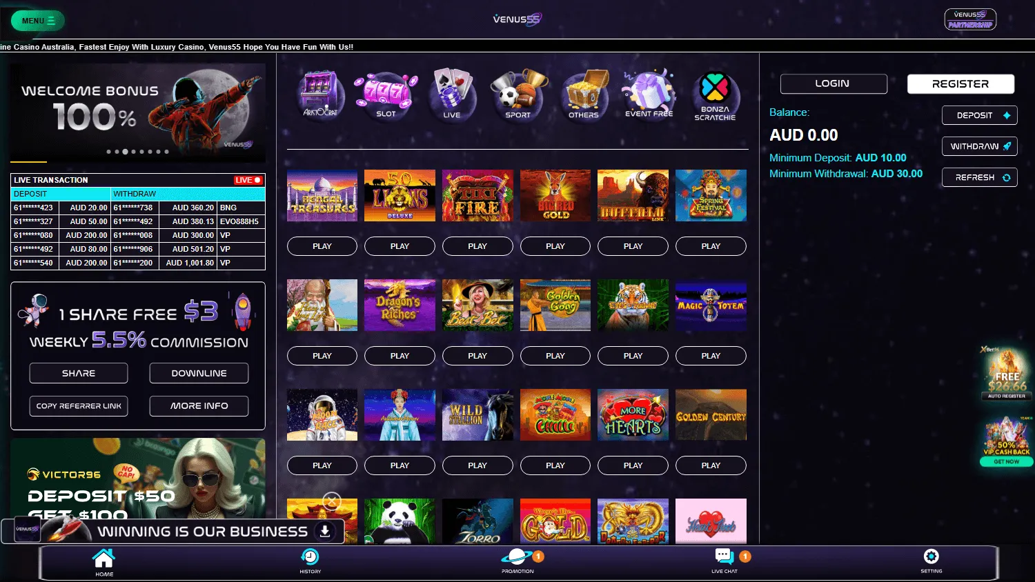 Venus55 Casino home screen on desktop