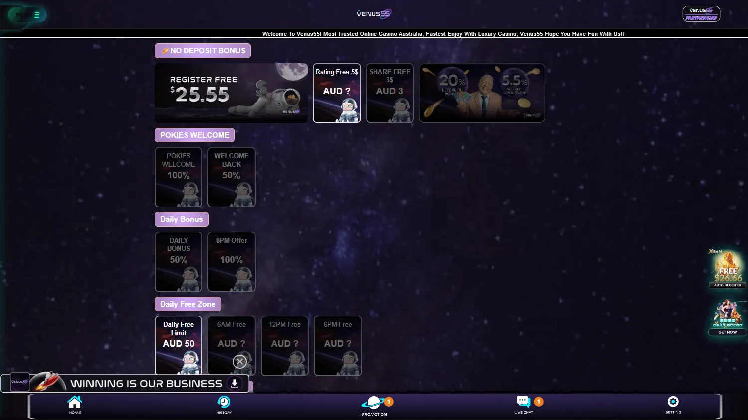 Venus55 Casino promotions screen on desktop